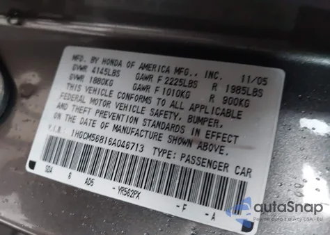 2006 Honda Accord 2.4 Ex from USA, damaged, VIN 1HGCM56816A046713